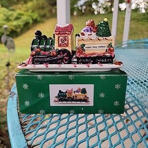 North Pole Express Train Salt And Pepper Shaker Set With Railroad Dish